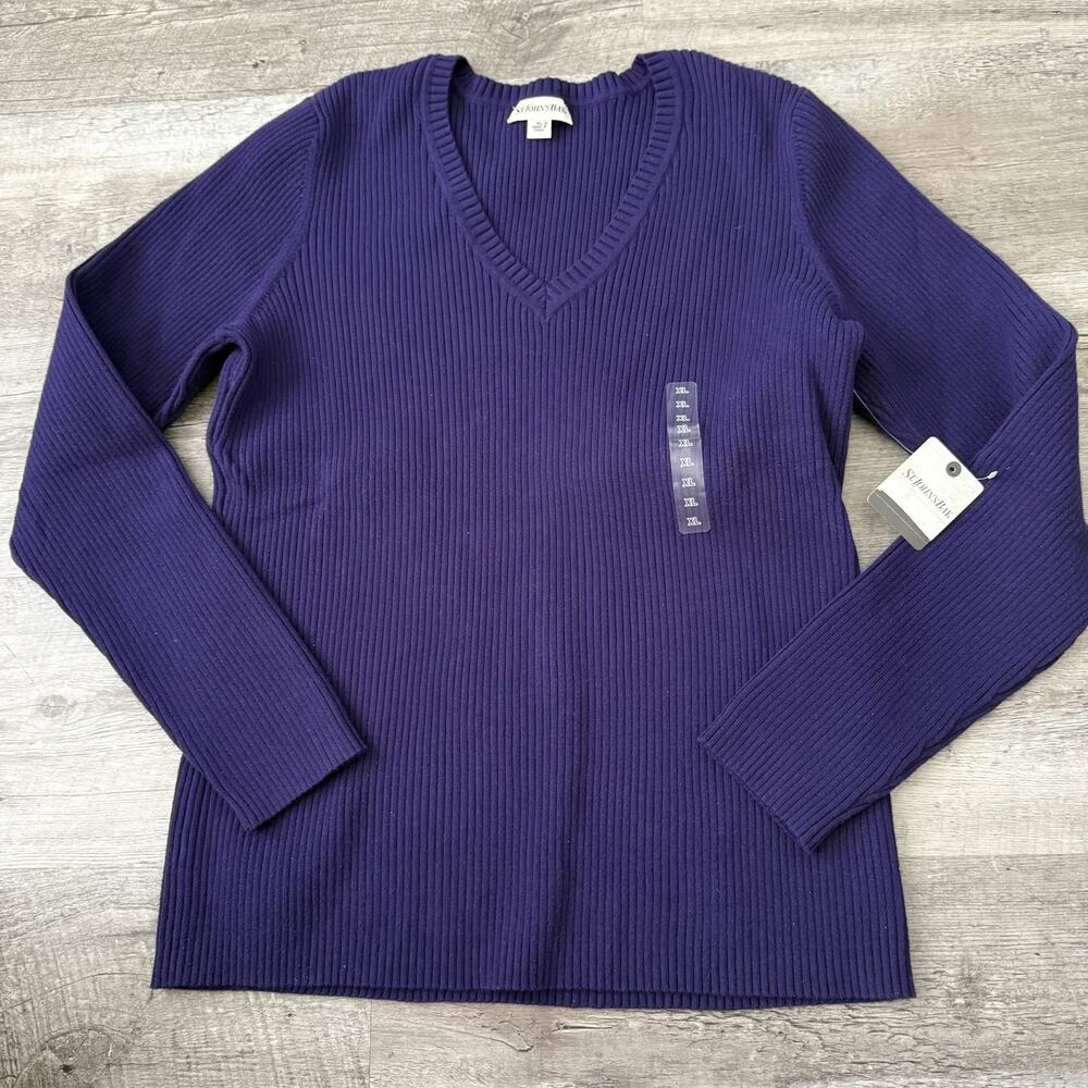 St John's Bay Ribbed V-Neck Sweater Womens XL Purple Cotton Nylon Pullover NEW